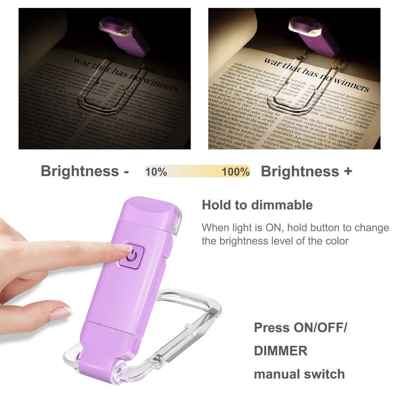 HONWELL Rechargeable Book Light, Clip On LED Reading Lights for Kids Reading in Bed, 3 Brightness Levels Dimmable Bookmark Light for Eye-Protection, Portable Reading Lamp for Bookworms, Travel(Violet) - Image 2